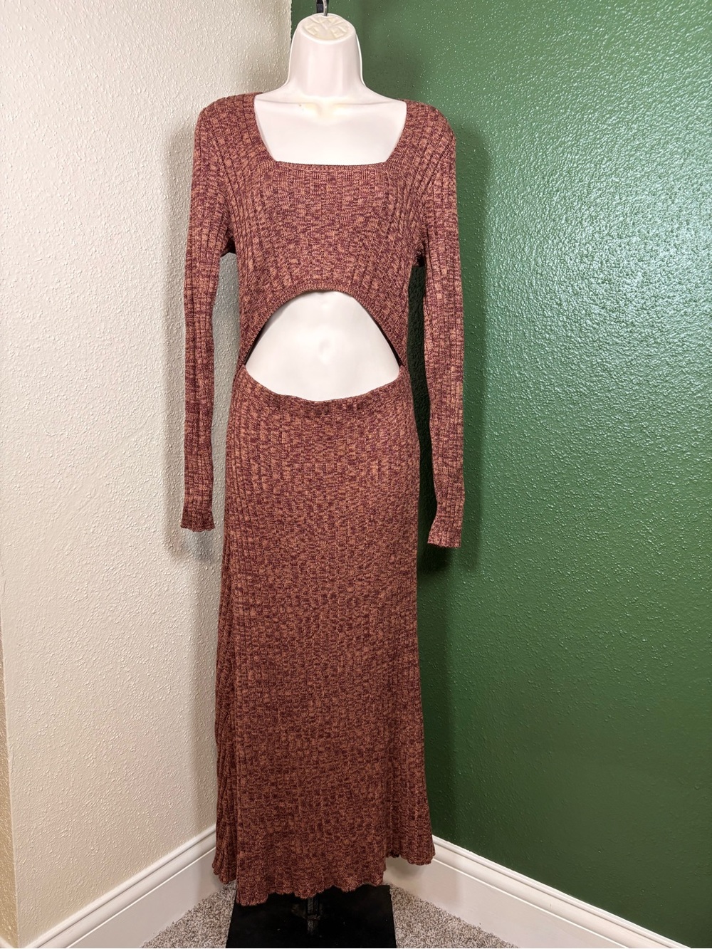Long Sleeve Cutout Knit Maxi Dress in Rust with square neckline